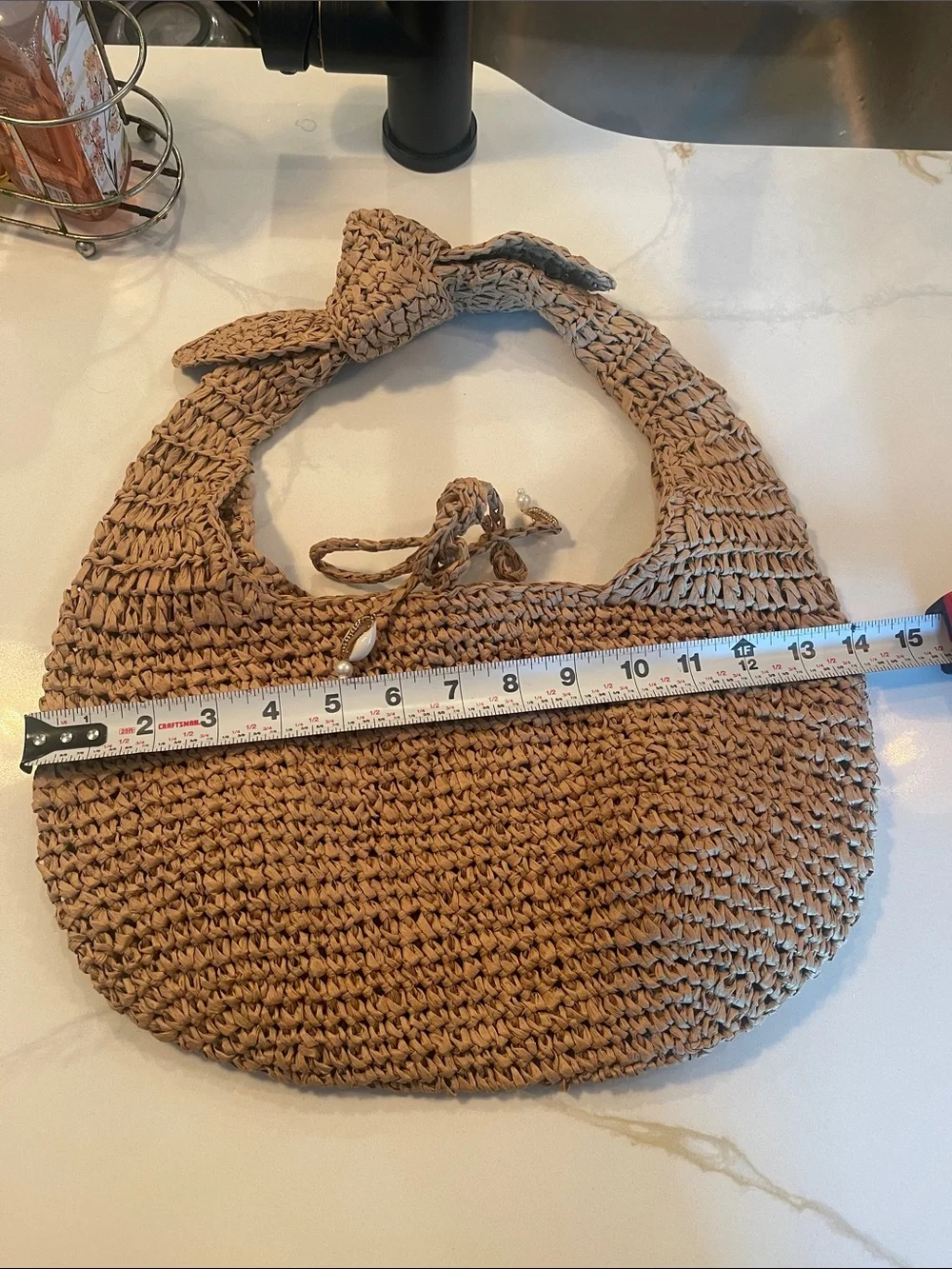 Handwoven Straw Shoulder Bag in Tan with Shell Accents